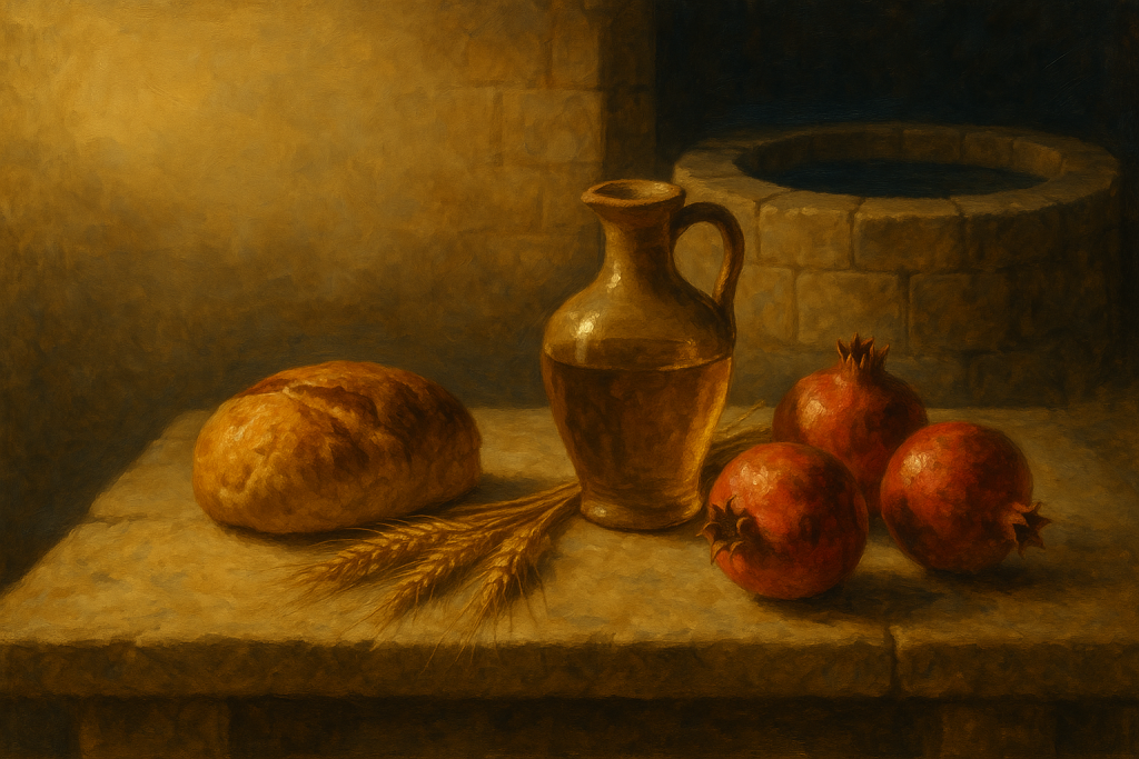 Shalom — mesa posta com pão, azeite, trigo e romãs, sinal de inteireza e plenitude