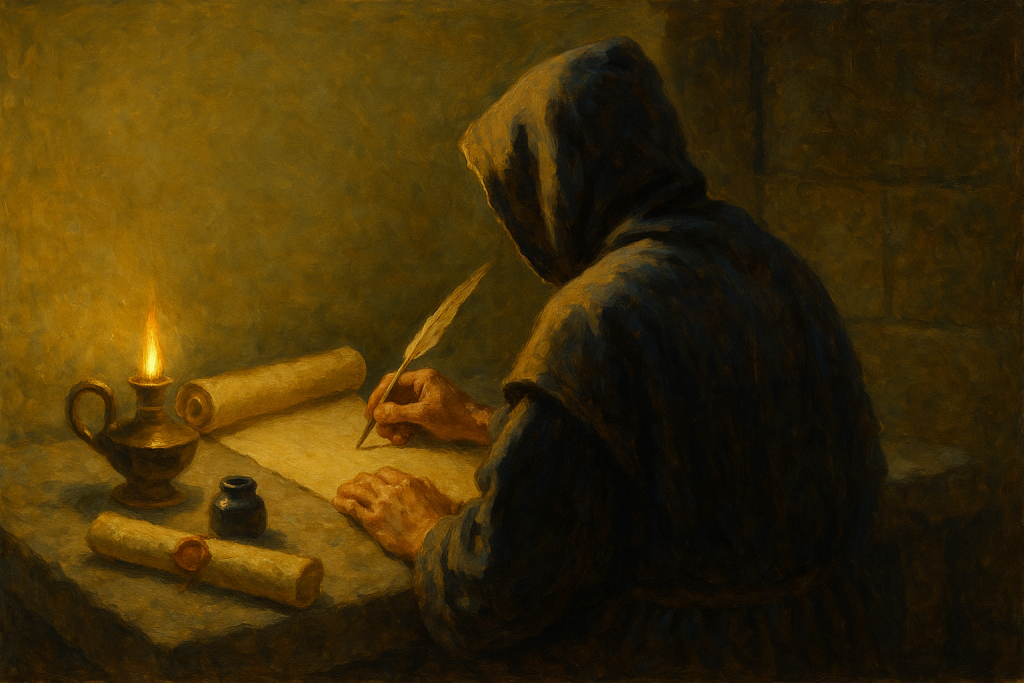 Yeshua — escriba de costas escrevendo à luz da lamparina, o Nome que a tradução escondeu