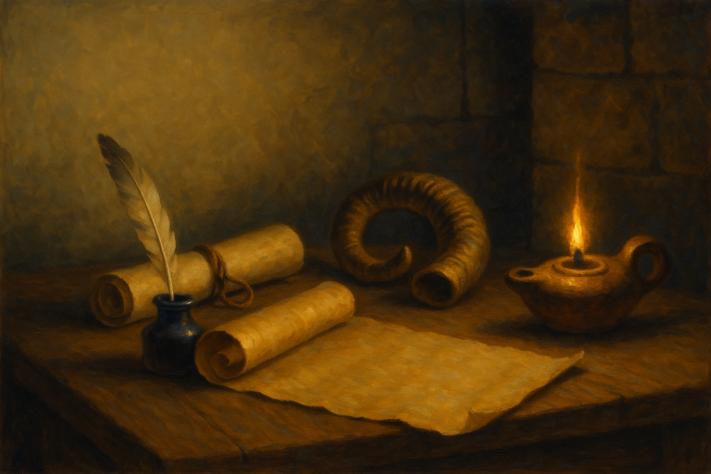 Curso de Capelania — pergaminho aberto, pena, shofar e diploma enrolado a luz da lamparina (o chamado e a formacao)